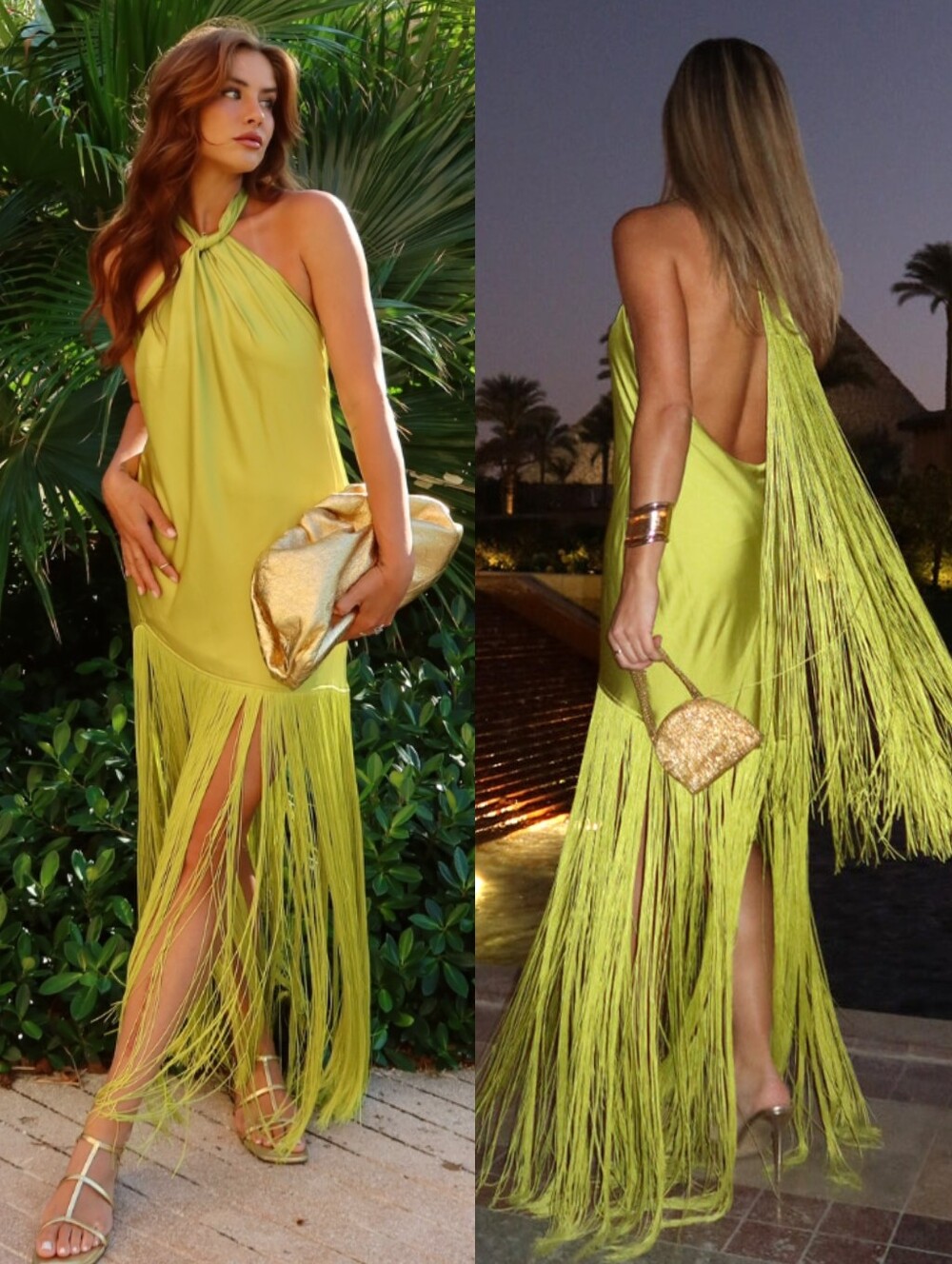 NWOT Show Me Your Mumu Jasmine Fringe Maxi Dress in Chartreuse Luxe Satin